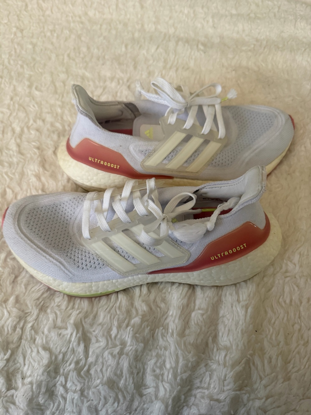 adidas White Ultraboost Sneakers with Coral Heel Accent